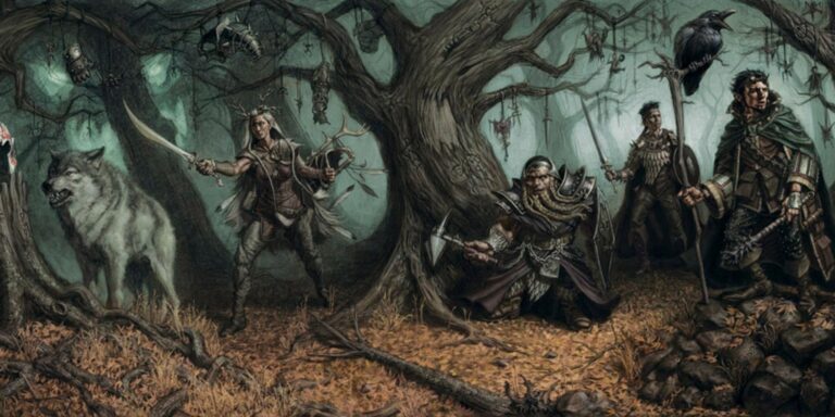 A party of adventurers in a wood terrified by something unseen D&D