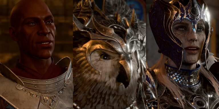 Split Image Of Duke Ravengard, Armored Owlbear Cub, And Dame Aylin Before Final Battle In Baldur