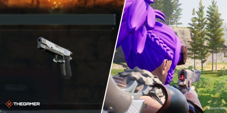 Palworld: Left: handgun, right: Using a gun in the game