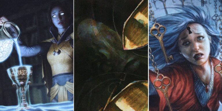 Art for the following Magic: The Gathering cards: Diminishing Returns, Dandan, and Memory Lapse