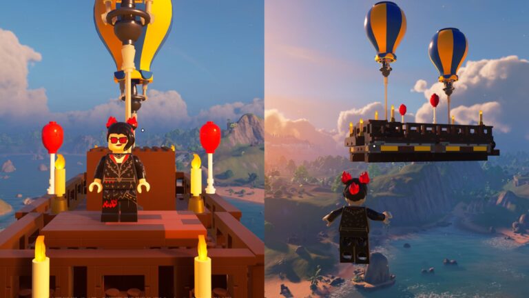 A split image from Lego Fortnite showcasing different angles an Aircraft, which you can build and control.