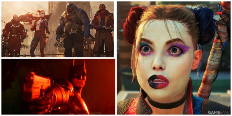 batman holding a gun from suicide squad, the entire squad line-up of deadshot, harley quinn, king shark and captain boomerang in metropolis, and harley quinn looking shocked