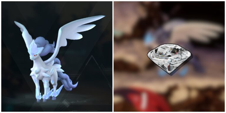 Split image of Frostallion in the Paldex and a Diamond icon from Palworld