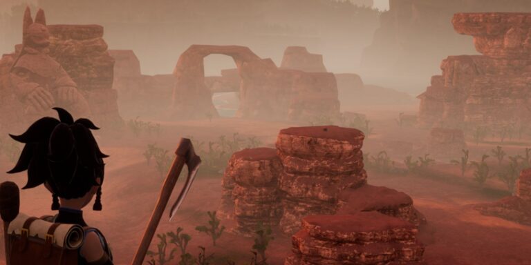 Palworld:The player stands on the edge of a cliff overlooking the Desert