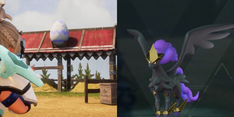 Collage image of a character approaching a Breeding facility and a Frostallion Noct in Palworld.