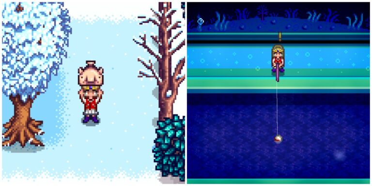 Split image of a character holding a Blobfish and a character fishing in a submarine in Stardew Valley