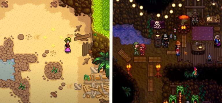 image of player outside of pirates cove next to image of player inside the cove with the pirates