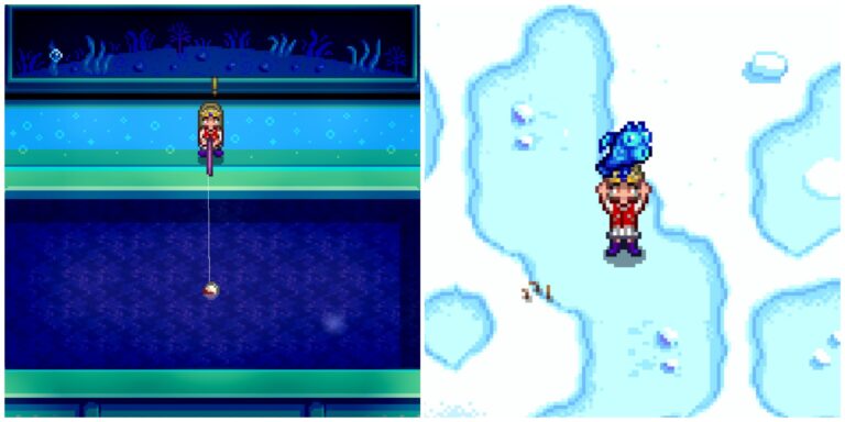Split image of a character fishing in the submarine and a character holding a Spook Fish in Stardew Valley