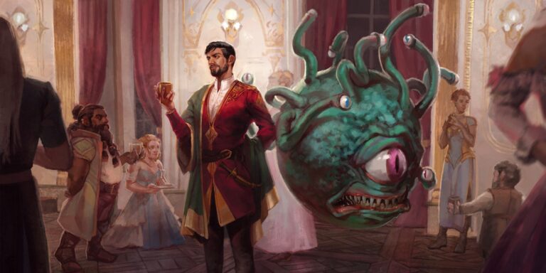 D&D artwork of a bard and a beholder at a fancy party